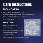 Care instructions for a crystal with a Sri Yantra design on a dark blue background