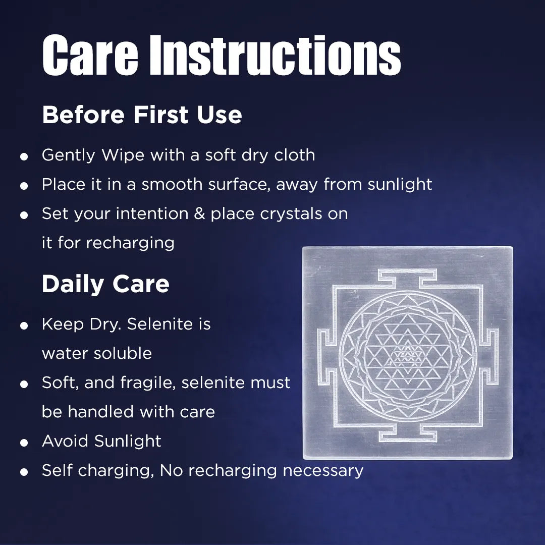Care instructions for a crystal with a Sri Yantra design on a dark blue backgroundShri Yantra Selenite Plate – Crystal Charging & Cleansing
