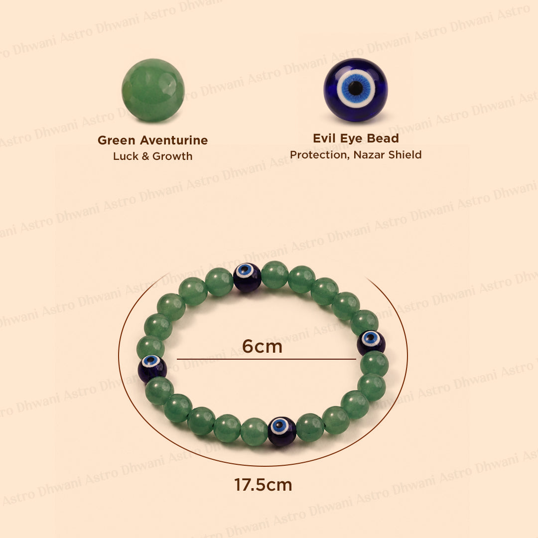 Wealth Attract and Evil Eye Protect: Green Aventurine with Evil Eye Bracelet - Abhimantrit & Certified