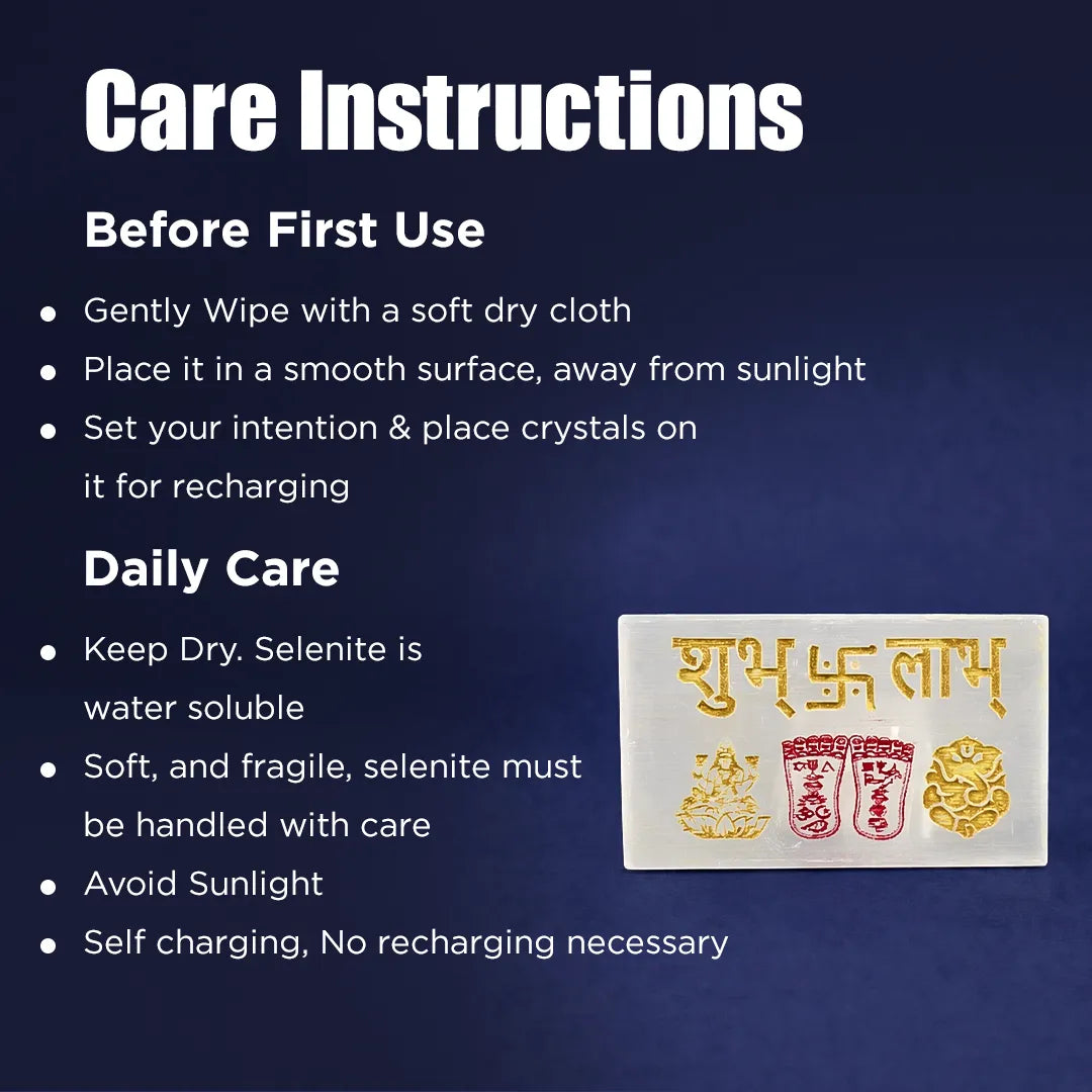 Care instructions for a crystal product with a blue background