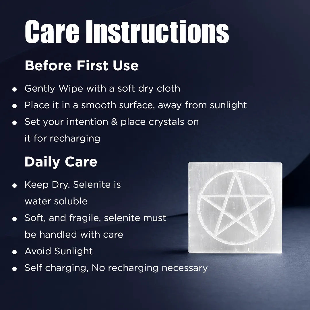 Care instructions for a crystal with a pentagram symbol on a dark background