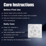 Care instructions for a crystal with a pentagram symbol on a dark background