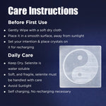 Care instructions for a crystal product with a yin yang symbol on a dark blue background.