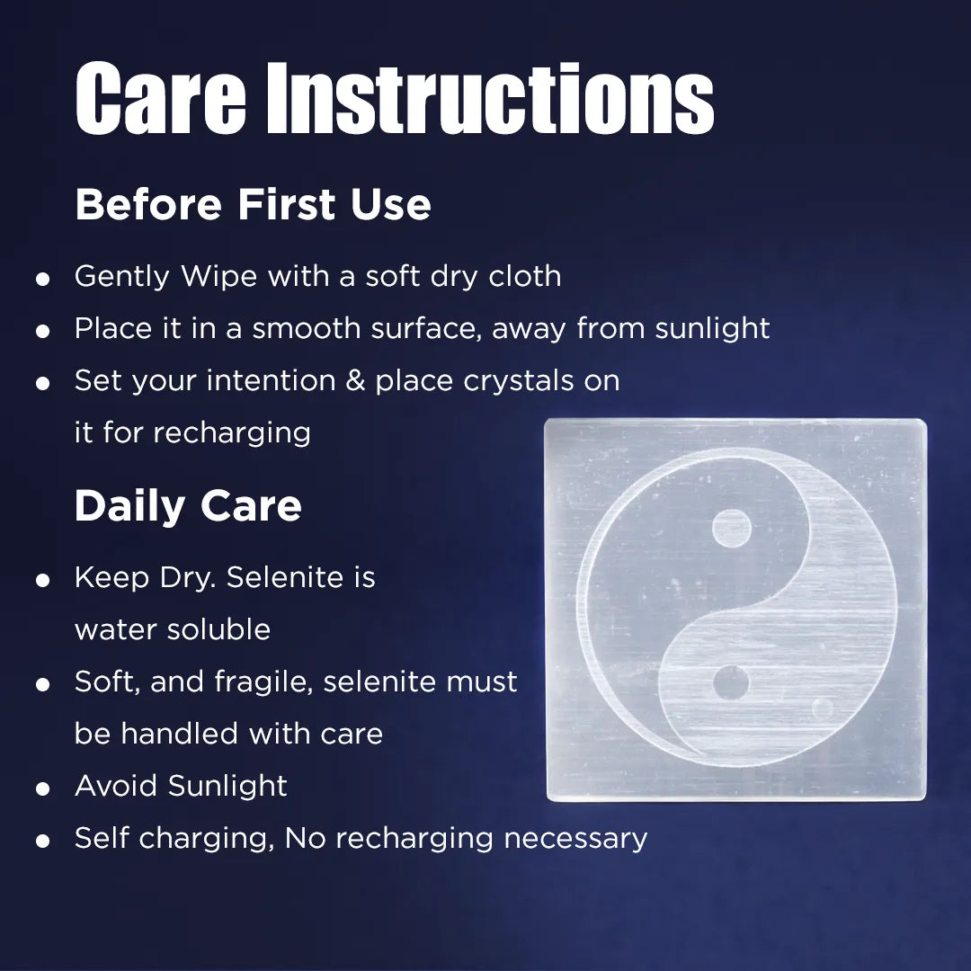 Care instructions for a crystal product with a yin yang symbol on a dark blue background.Yin Yang Selenite Energy Plate – Engraved Energy Balancing