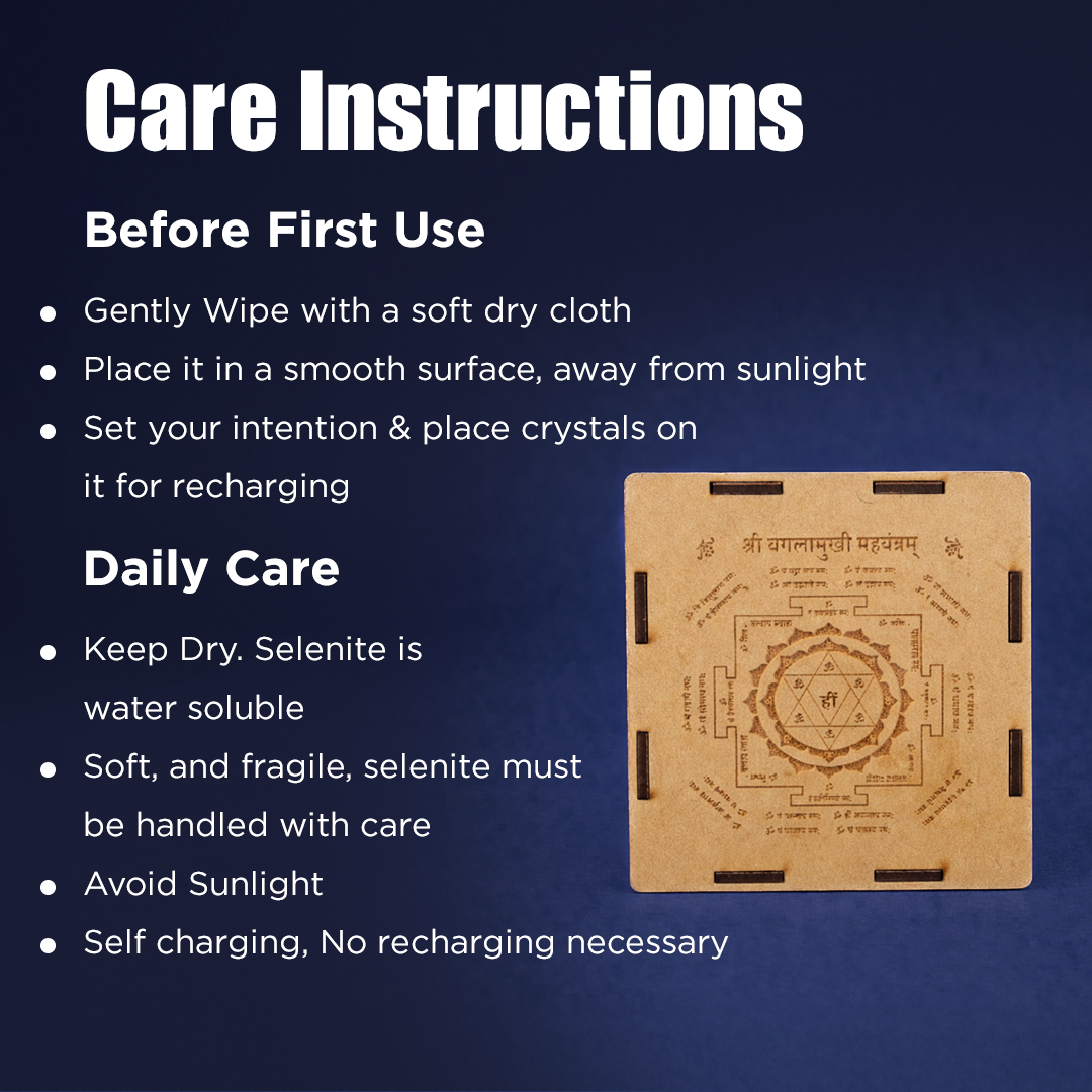Care instructions for a crystal product with a blue background