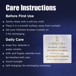 Care instructions for a crystal product on a dark blue background