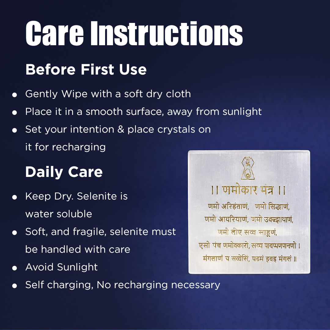 Care instructions for a crystal product on a dark blue backgroundNamokar Mantra Selenite Plate - Peace & Spiritual Energy Plate