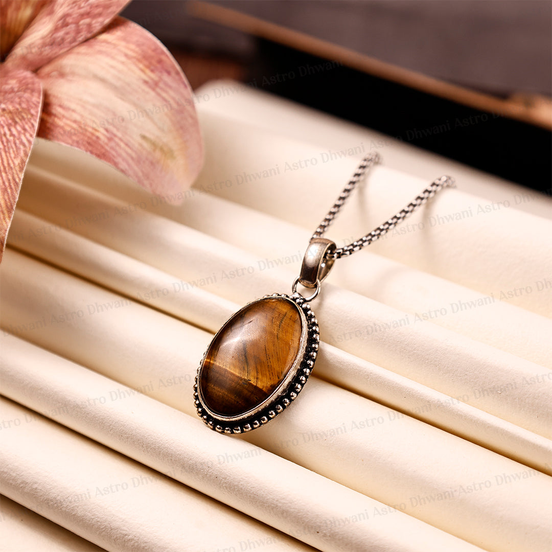 Tiger Eye Oval Stone Pendant - Abhimantrit & Certified