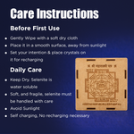 Care instructions for a crystal product with a blue background