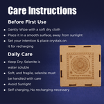 Care instructions for a crystal product with a blue background