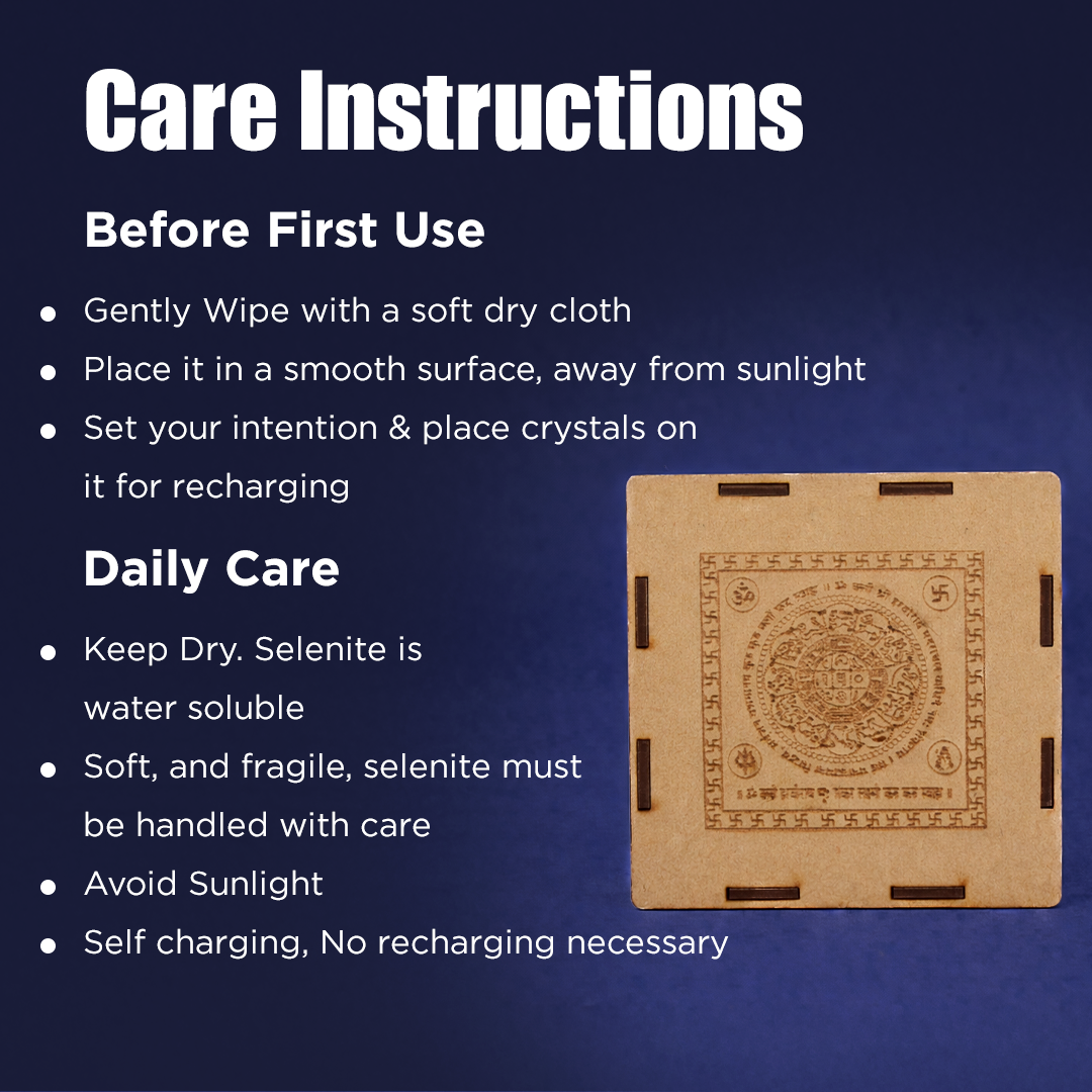Care instructions for a crystal product with a blue backgroundKailash Dhan Raksha Yantra Selenite Plate - Wealth Protection Yantra