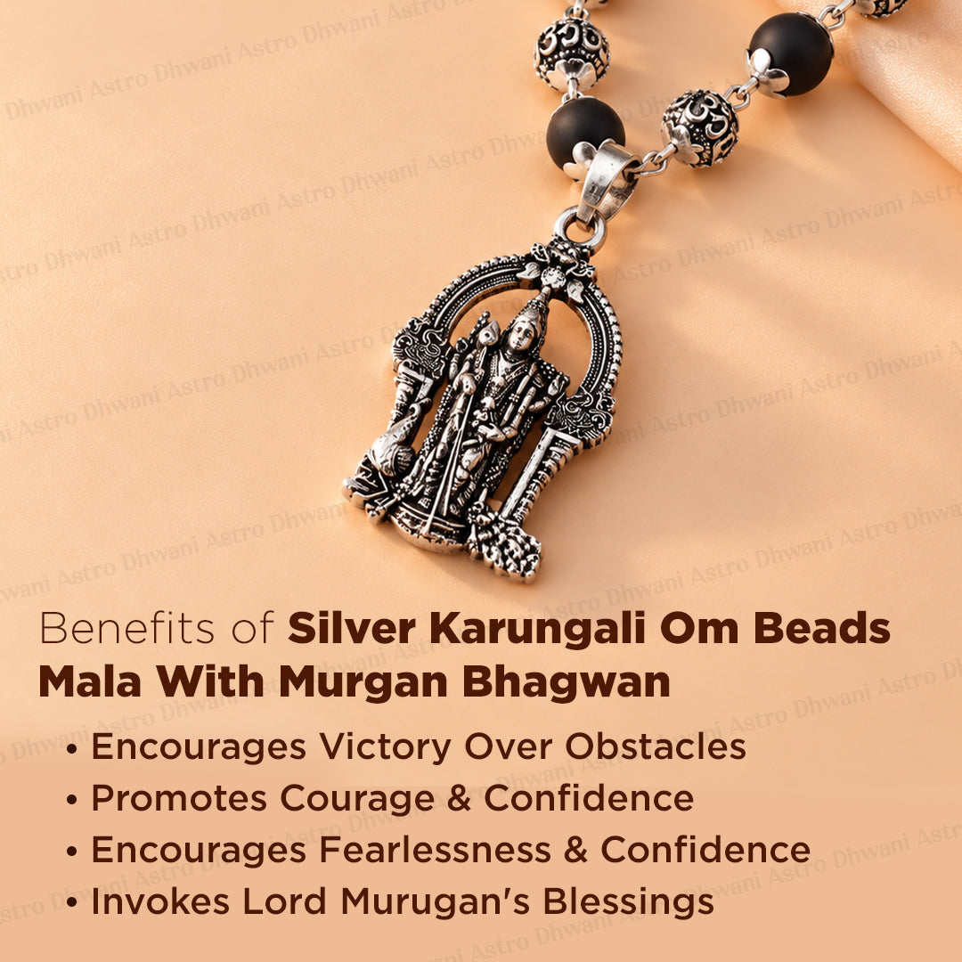 Silver Karungali Om Beads Mala With Lord Murgan Pendant