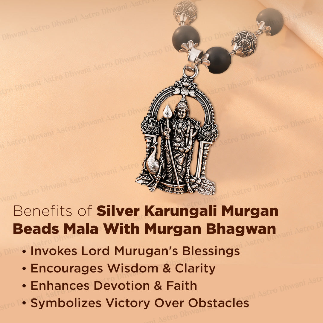 Silver Karungali Om Beads Mala With Lord Murgan Pendant