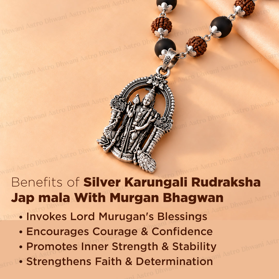 Silver Karungali Rudraksha Jab Mala with Murgan Bhagwan