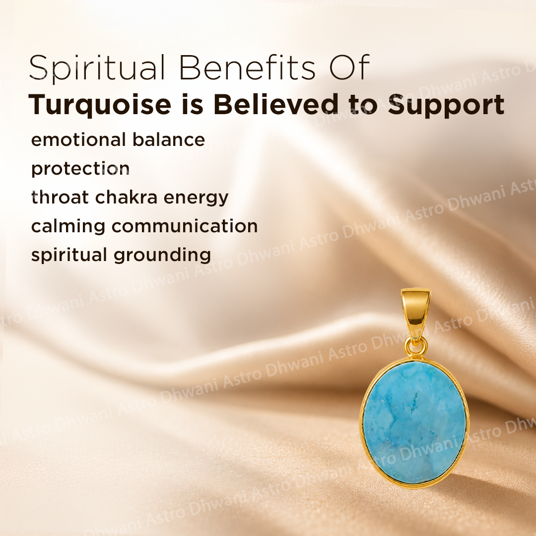 Turquoise pendant with gold frame on a satin background, featuring spiritual benefits text.