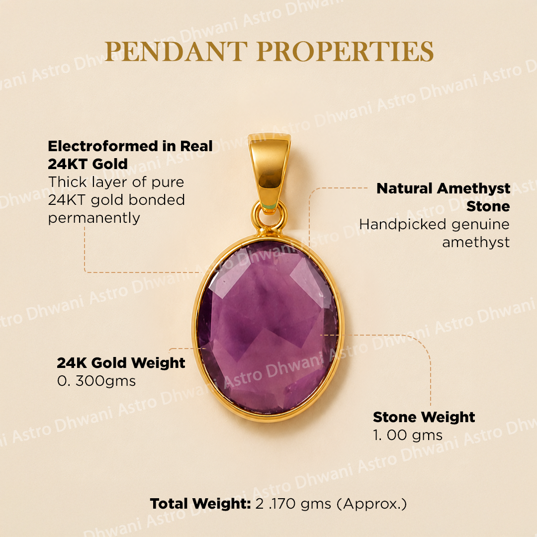 Gold pendant with purple amethyst stone on a beige background with text detailing properties.