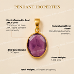 Gold pendant with purple amethyst stone on a beige background with text detailing properties.