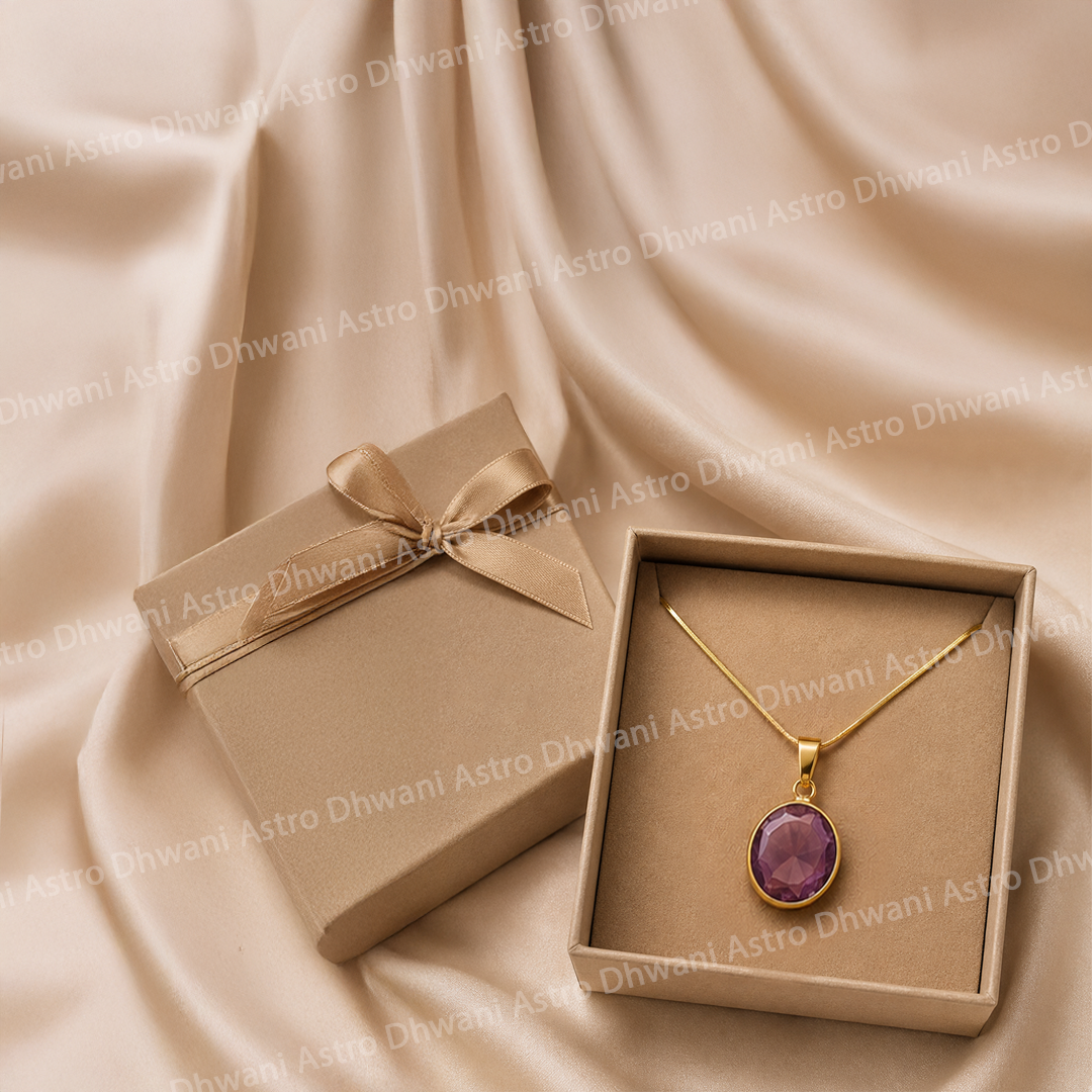 Gold necklace with a purple pendant in a brown box on a beige fabric backgroundAmethyst Aura Pendant Oval Shape in Real 24KT Gold Electroformed