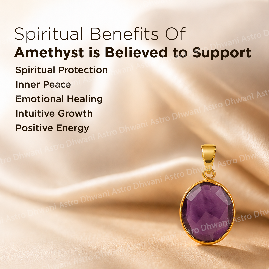 Amethyst pendant with gold setting on a satin background, featuring text about amethyst's spiritual benefits.