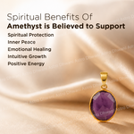 Amethyst pendant with gold setting on a satin background, featuring text about amethyst's spiritual benefits.