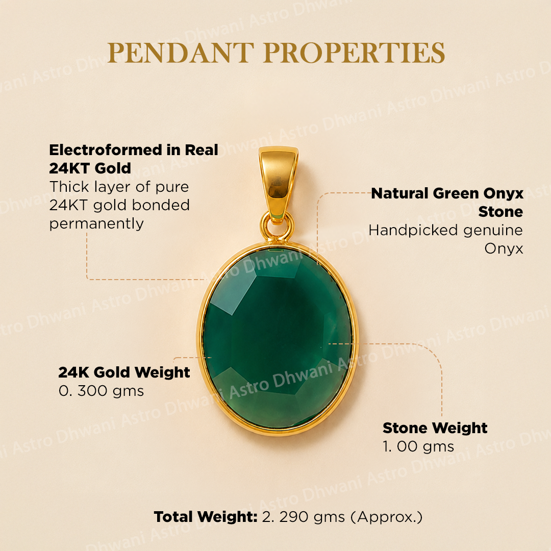 Gold pendant with green stone on a beige background with text detailing properties.