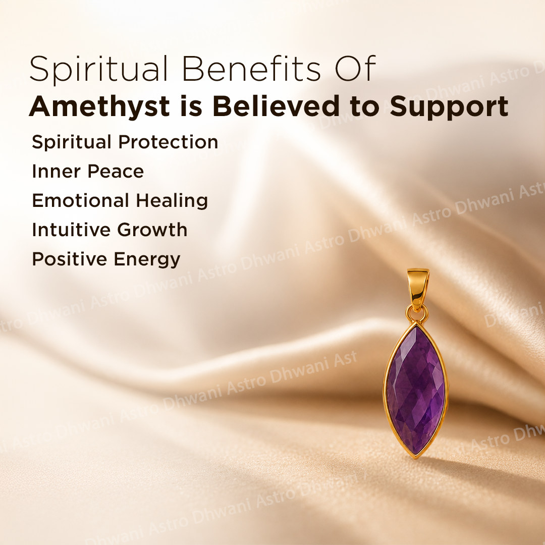 Amethyst pendant on a satin background with text about spiritual benefits