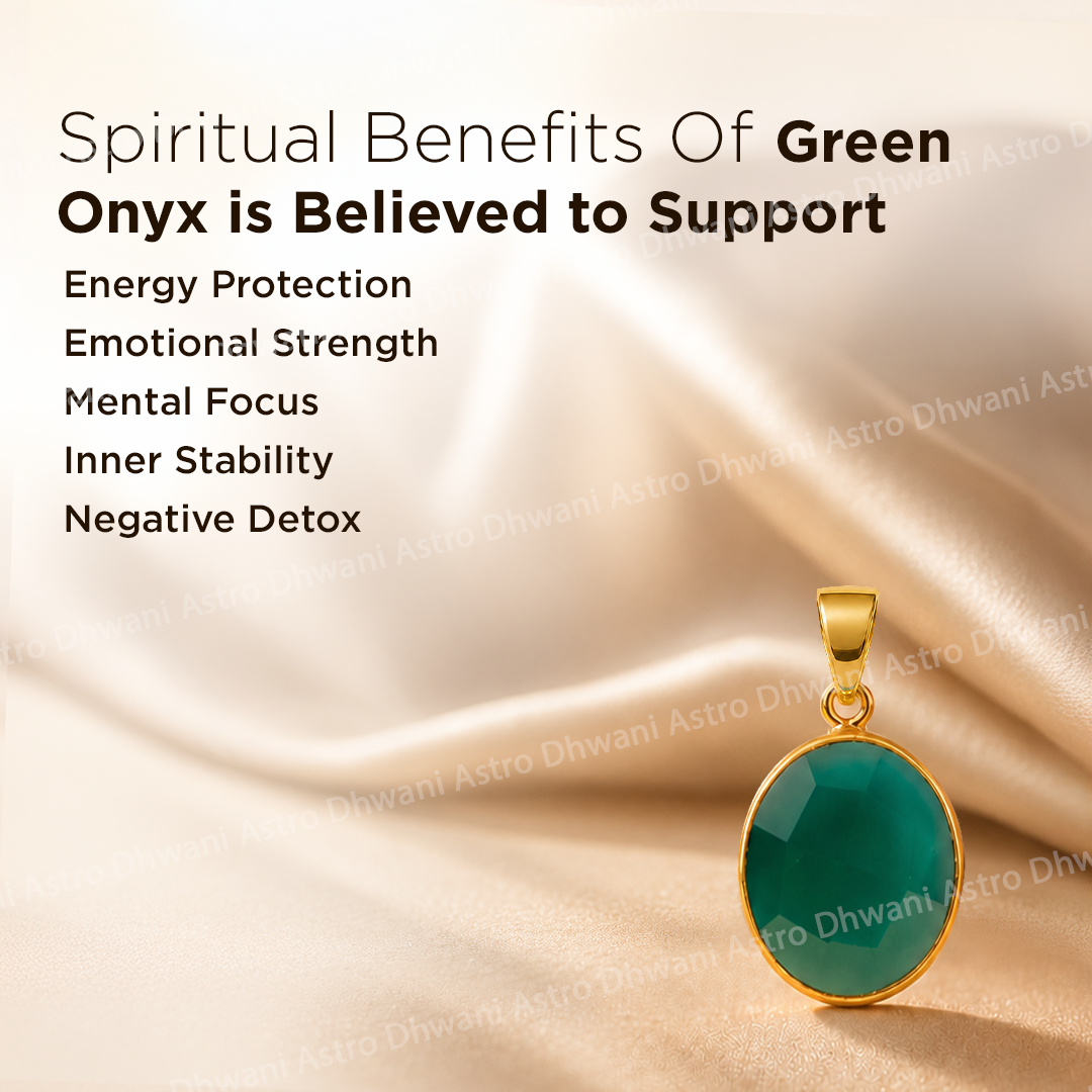 Gold pendant with green onyx stone on a beige fabric background, featuring text about spiritual benefits of green onyx.Green Onyx Aura Pendant Oval Shape in Real 24KT Gold Electroformed