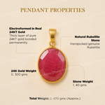 Gold pendant with rubellite stone on a beige background with text detailing properties.