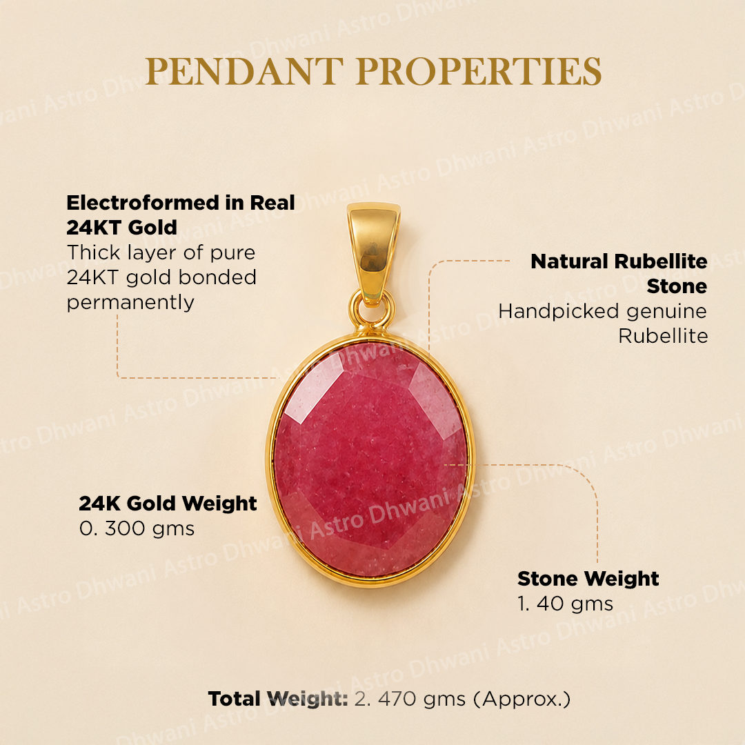 Gold pendant with rubellite stone on a beige background with text detailing properties.Rubellite Aura Pendant Oval Shape in Real 24KT Gold Electroformed