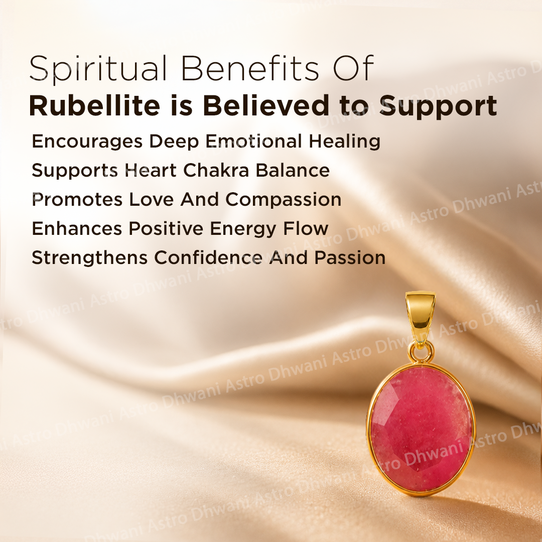 Rubellite pendant with gold setting on a satin background, featuring spiritual benefits text.