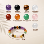 Colorful beaded bracelet with corresponding gemstones and names on a beige background