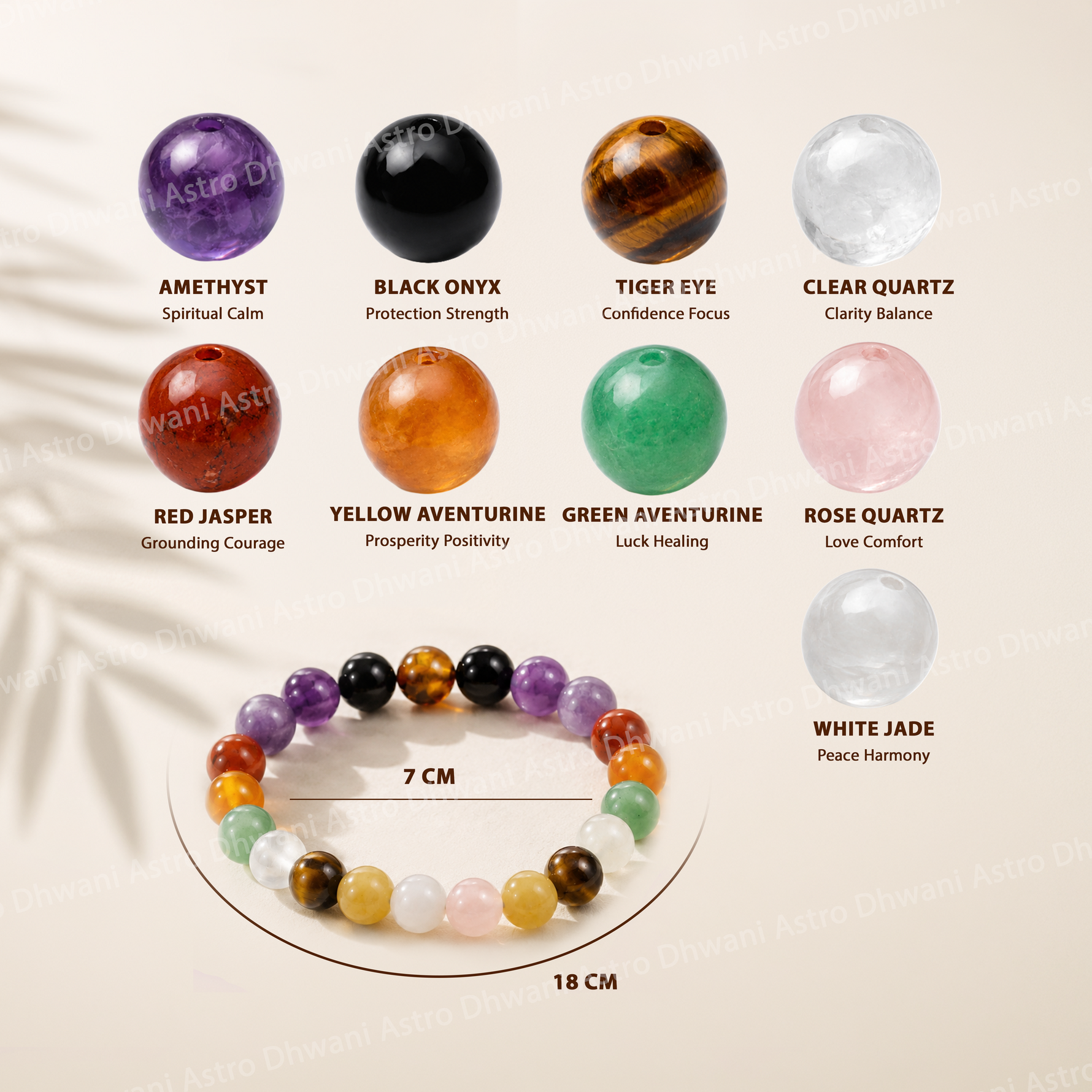 Colorful beaded bracelet with corresponding gemstones and names on a beige backgroundAddiction Bracelet for Emotional Balance, Focus & Positive Energy