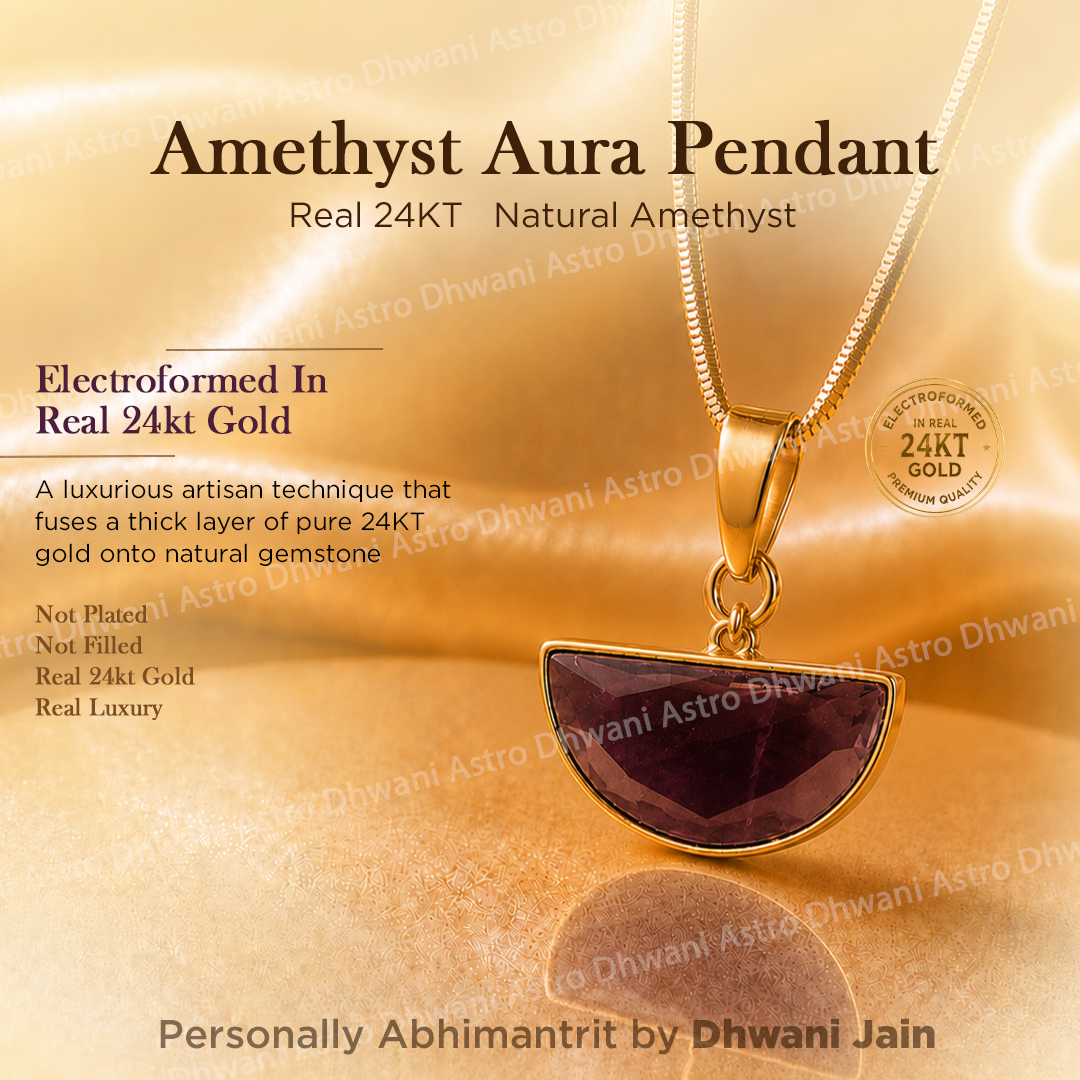 Amethyst Aura Pendant with 24KT gold electroforming on a gold backgroundHalf Moon Amethyst Aura Pendant in Real 24KT Gold Electroformed