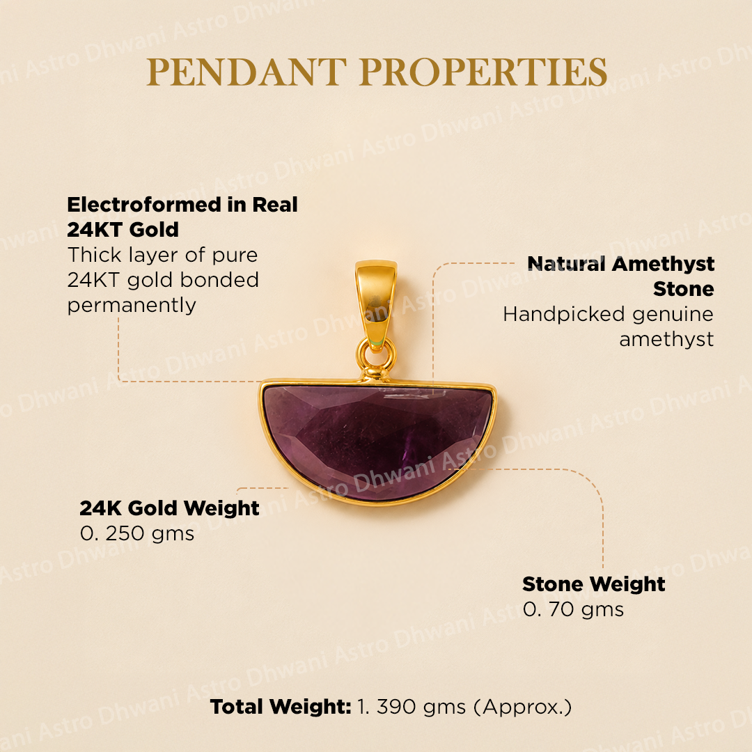 Gold pendant with amethyst stone on a beige background with text detailing properties.