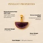 Gold pendant with amethyst stone on a beige background with text detailing properties.