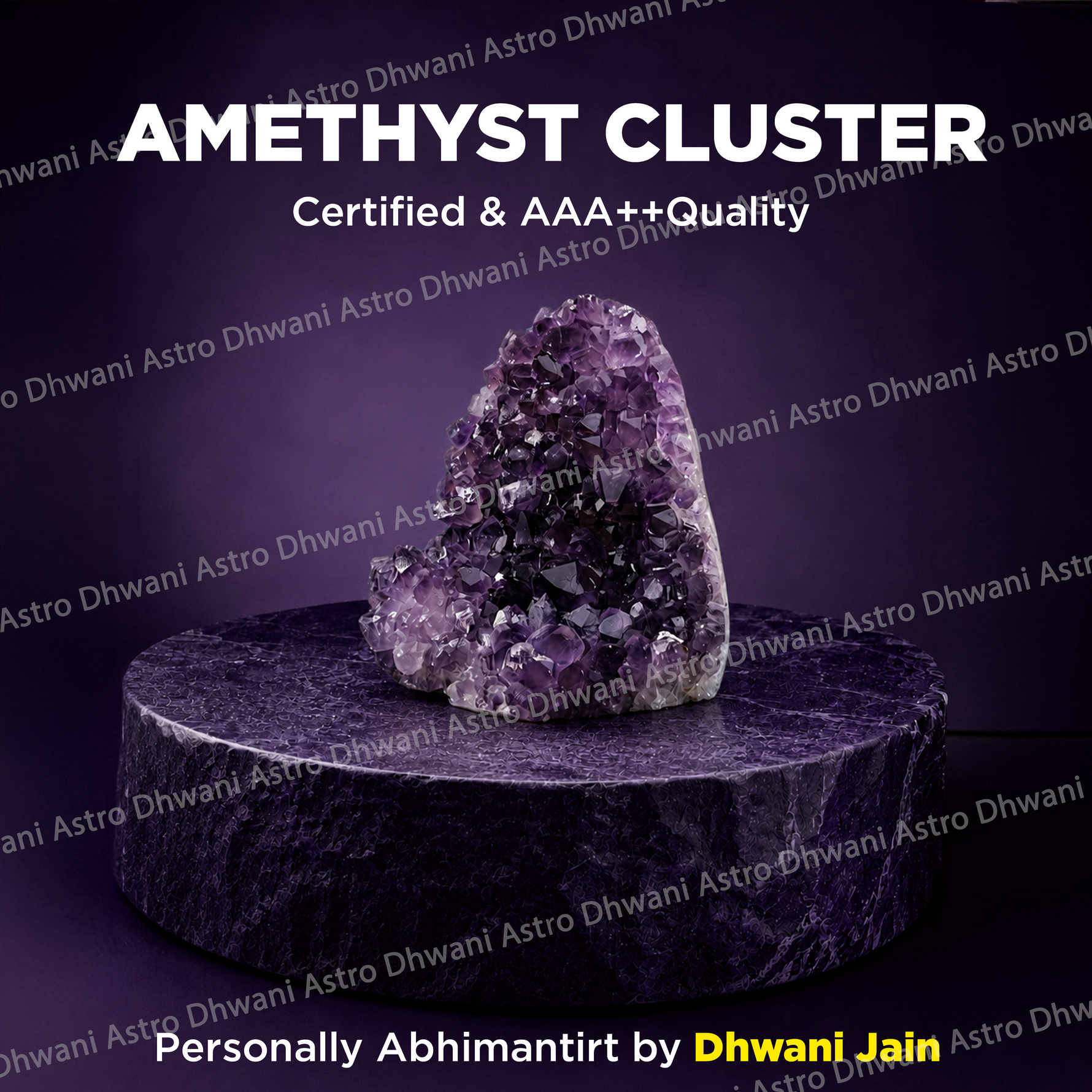 Amethyst cluster on a dark purple stand with branding text.