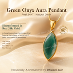 Green Onyx Aura Pendant with gold frame on a beige background