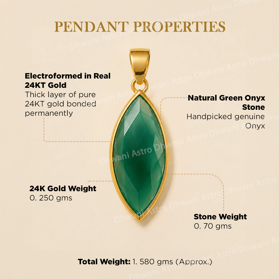 Gold pendant with green onyx stone on a beige backgroundNatural Green Onyx Aura Pendant in Real 24KT Gold Electroformed