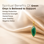 Green onyx pendant with gold setting on a beige fabric background, featuring text about spiritual benefits.