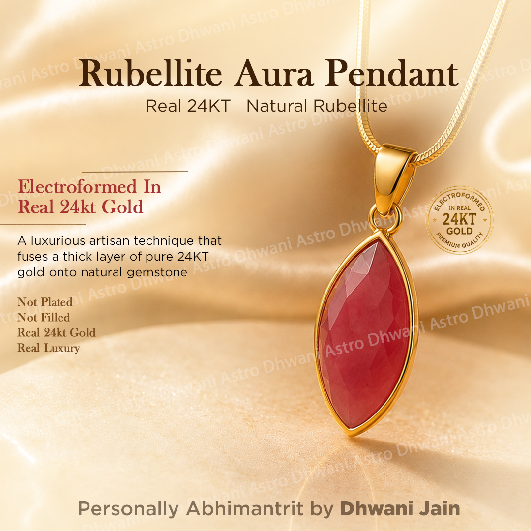 Rubellite Aura Pendant with gold chain on a beige background