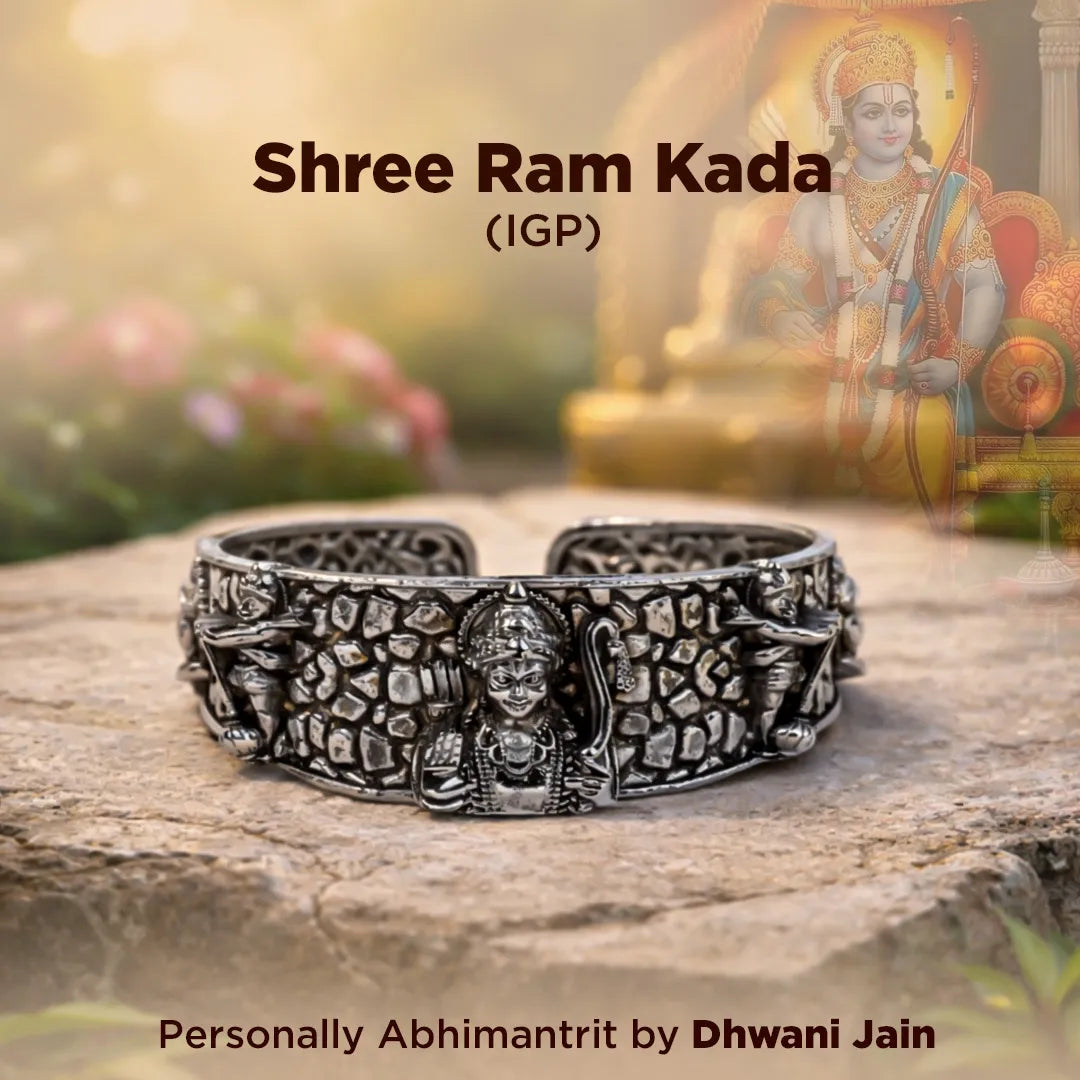 Decorative bracelet with intricate design on a stone surface, Shree Ram Kada IGP branding visible.