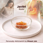 Glass bowl with dried roots on a white plate, with a person and digestive system illustration in the background, featuring the brand 'Javitri'.