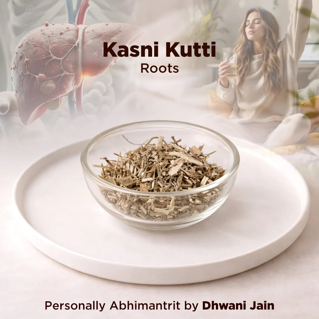 Glass bowl with dried herbs on a white surface, with 'Kasni Kutti Roots' text overlay.