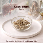 Glass bowl with dried herbs on a white surface, with 'Kasni Kutti Roots' text overlay.