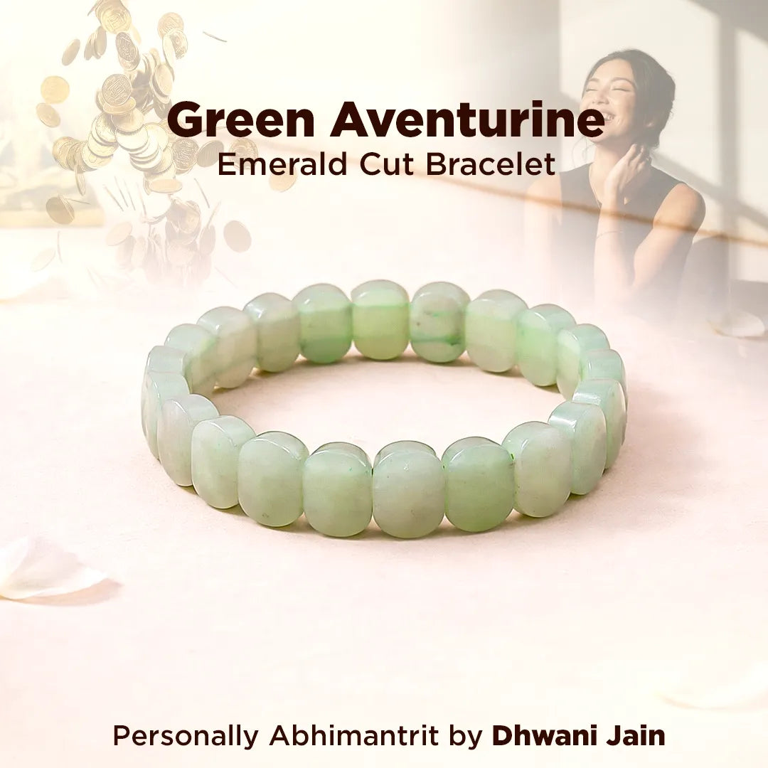 Green aventurine emerald cut bracelet on a light background with text overlay