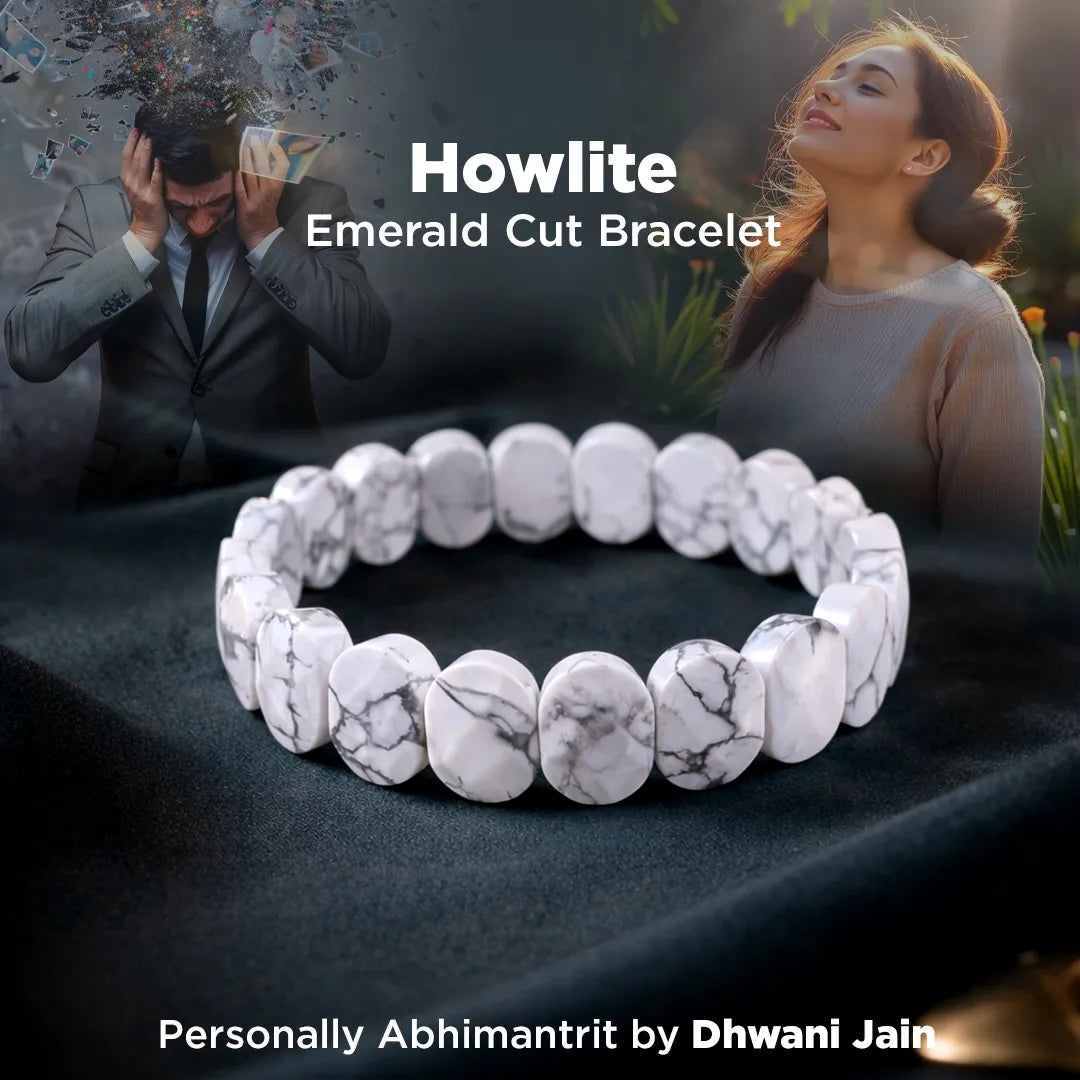 Howlite Emerald Cut Bracelet with a blurred background of a man and woman.