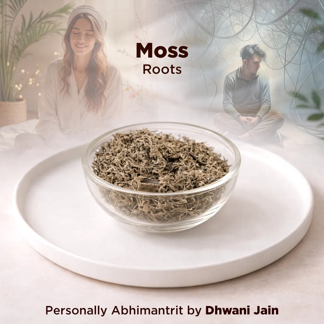 Glass bowl of dried moss on a white plate with a blurred background of two people and plants.