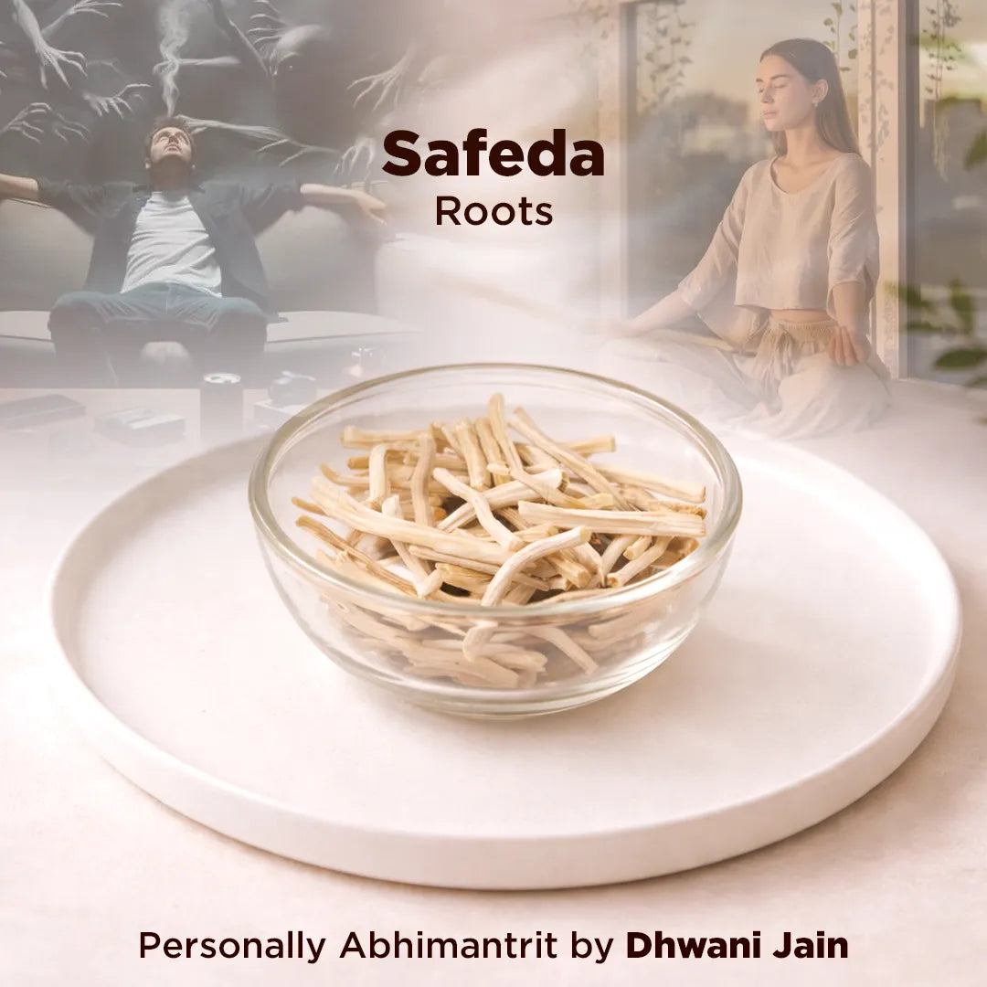 Bowl of Safeda Roots with people meditating in the background