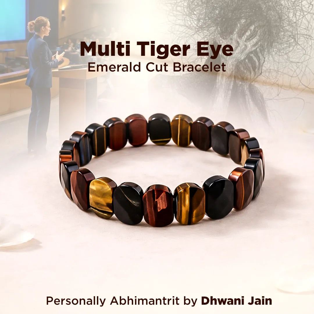 Multi Tiger Eye Emerald Cut Bracelet on a white surface with a blurred background