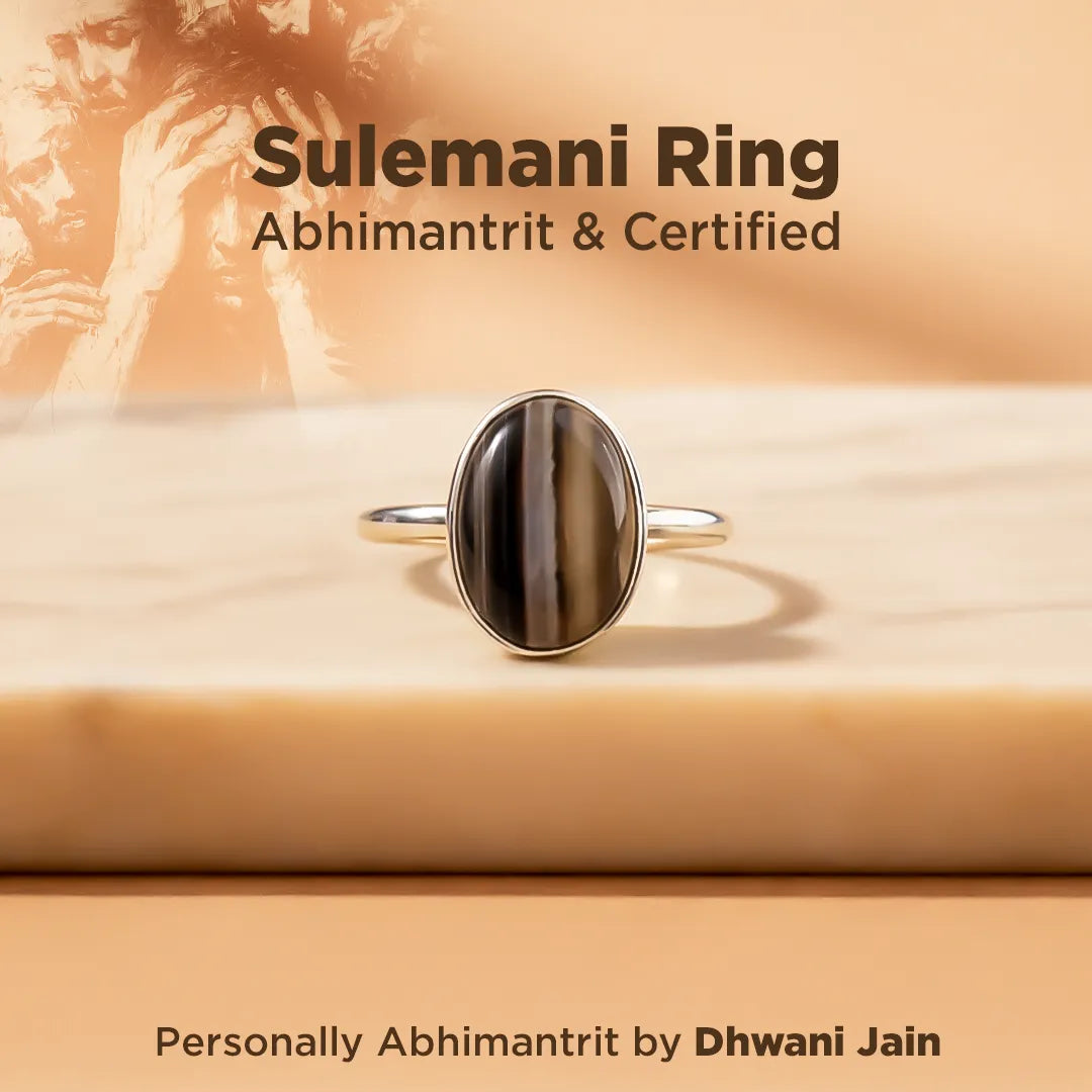 Sulemani Ring on a wooden surface with text about certification and branding.